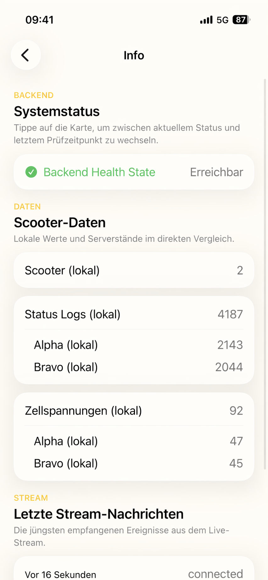 Check backend status, local data, and live stream info in one central overview.