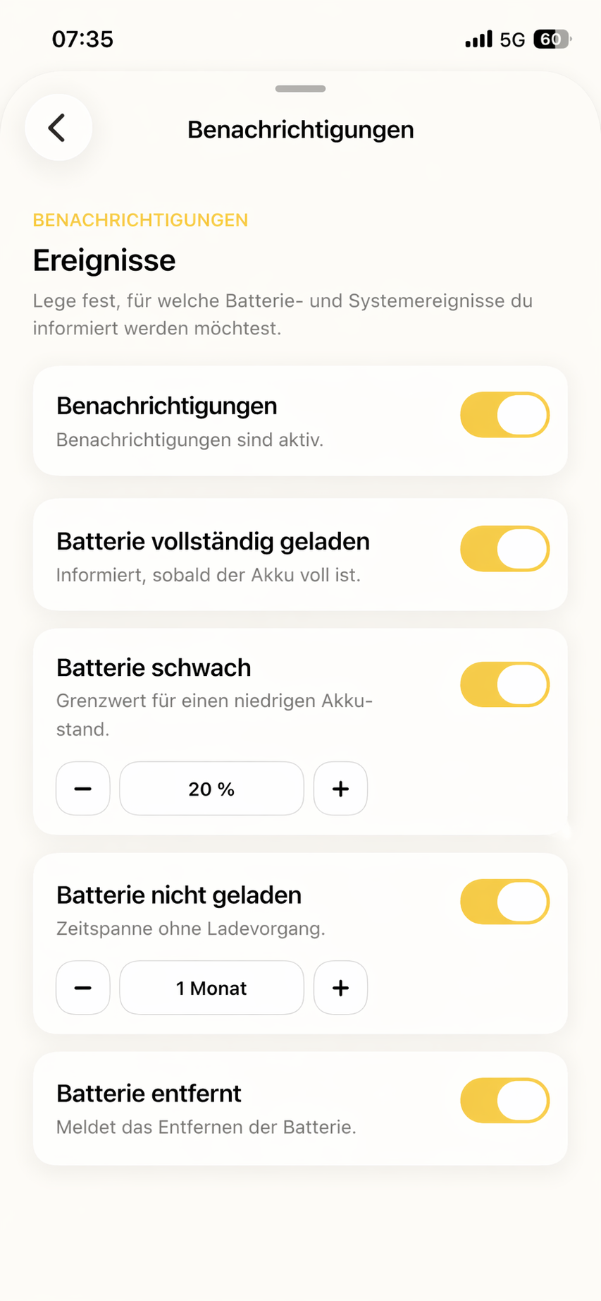 Decide exactly which scooter and battery events you want to be notified about.