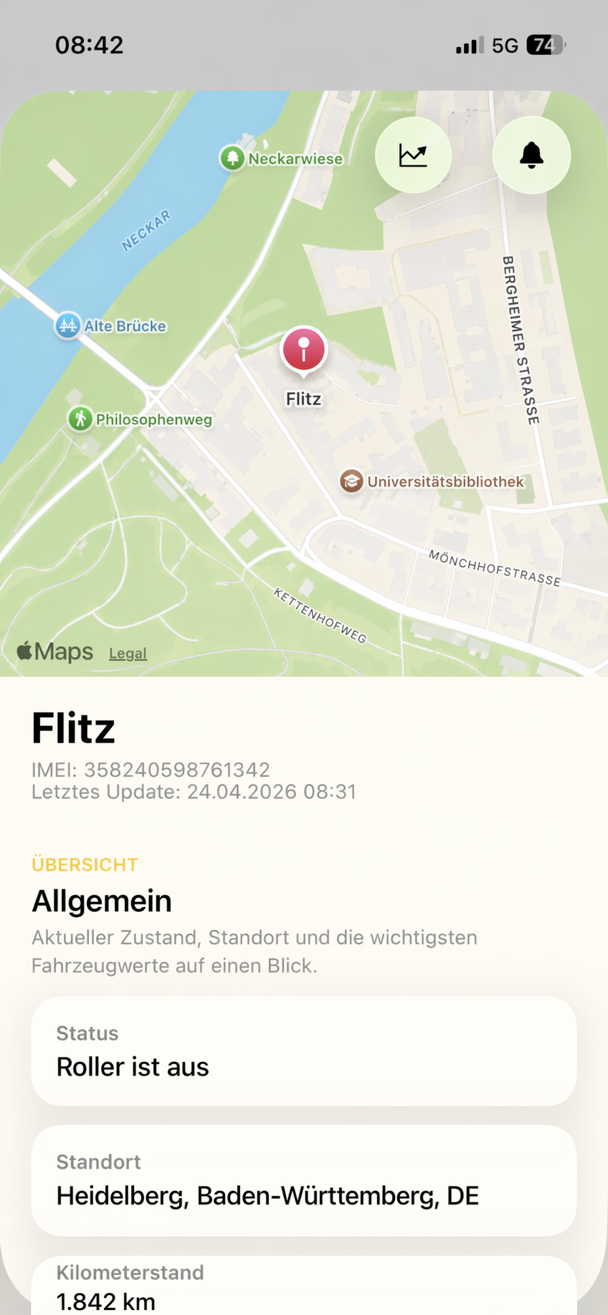 View your scooter’s status, location, and vehicle data in one elegant overview.